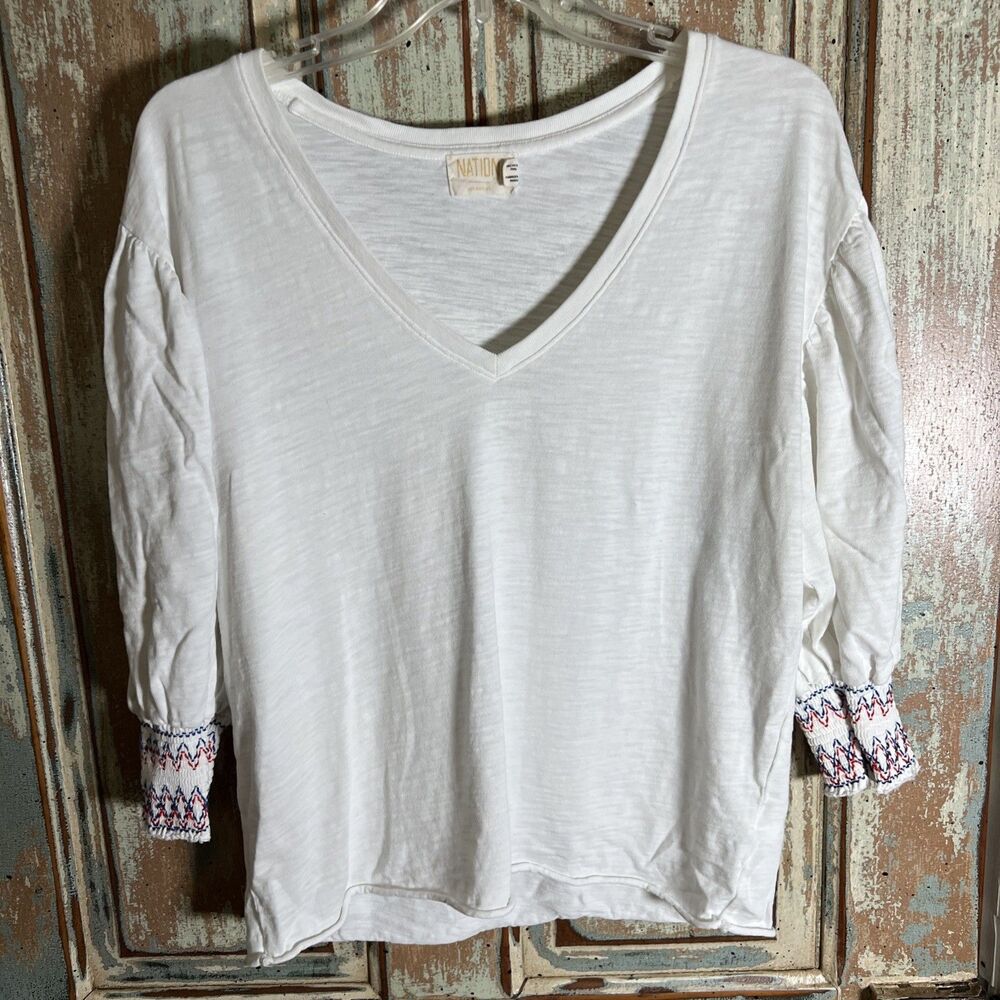 Nation LTD Jude Embroidered Smocked Ballon Sleeve V-neck White Top M Patriotic